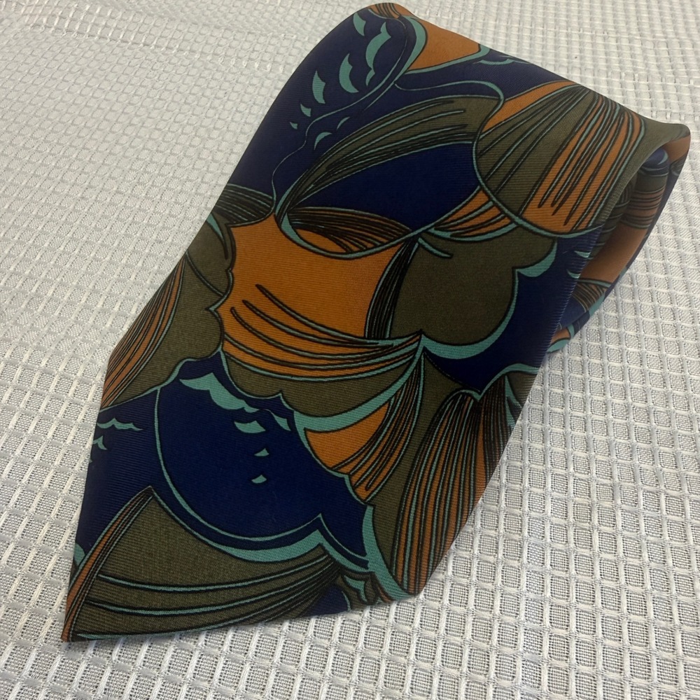 Vintage CG Crepe de Chine Abstract Floral Tie Navy Orange Olive Green Hand Made